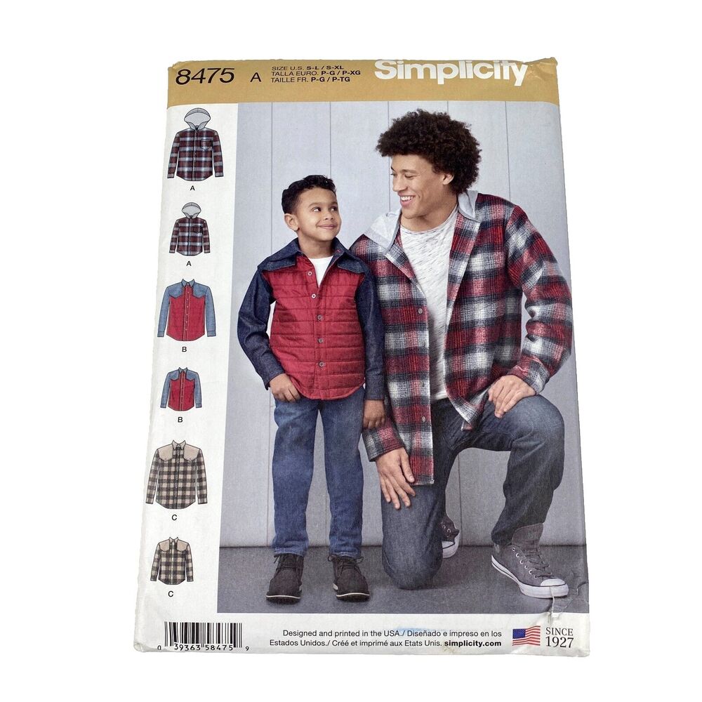 Simplicity 8475 SHACKETS Shirt Jackets Sewing Patterns Boys S-L & Men S-XL UNCUT